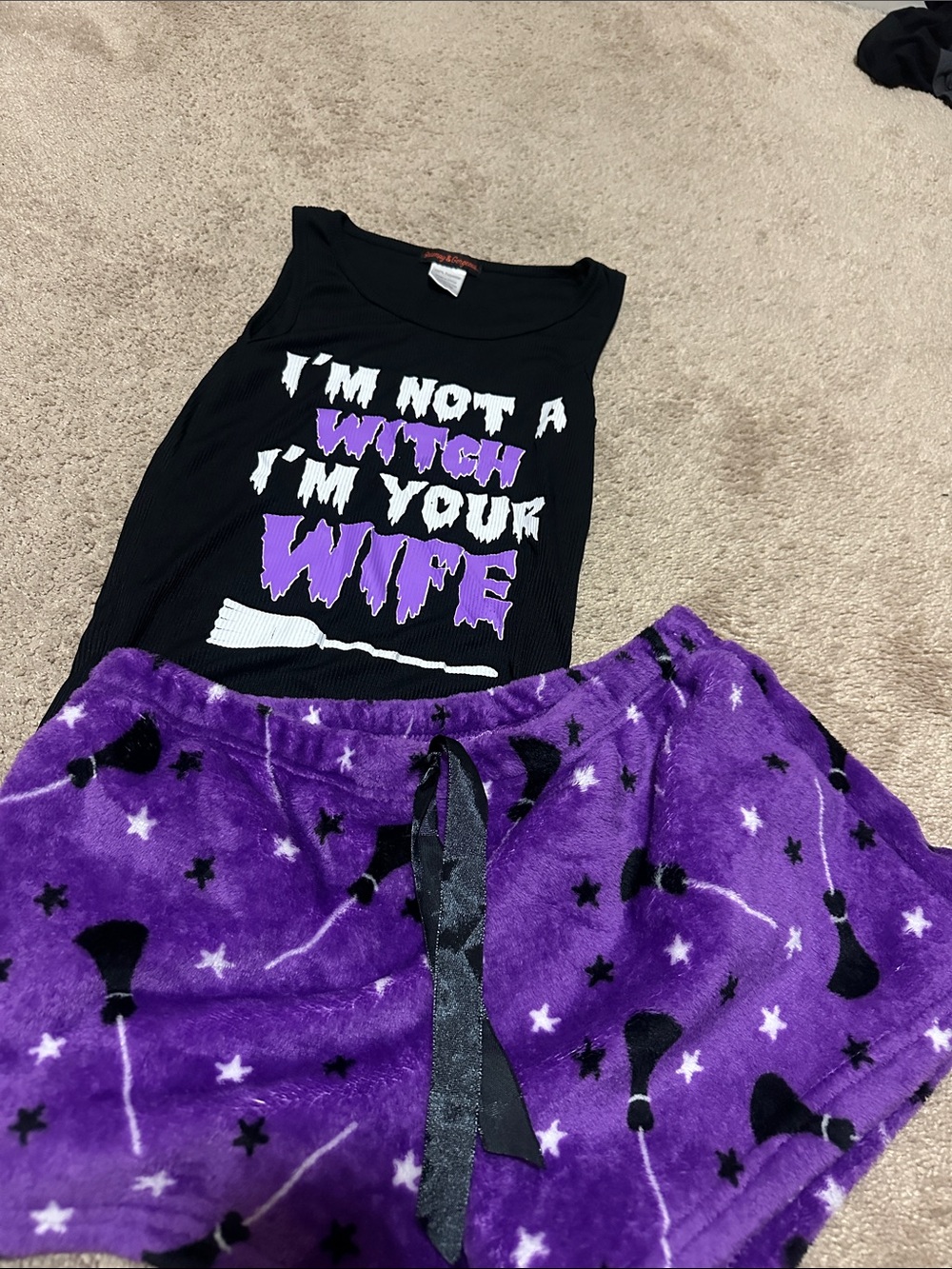 Women’s Black & Purple Witch Graphic Tank and Plush Shorts Pajamas Halloween 🎃